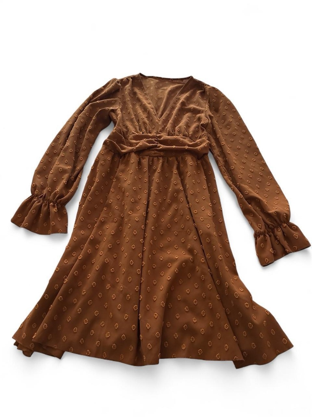 Brown Long Sleeve V-Neck Midi Dress Size Medium